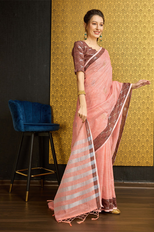 Peach Linen Blend Saree With Blouse Piece