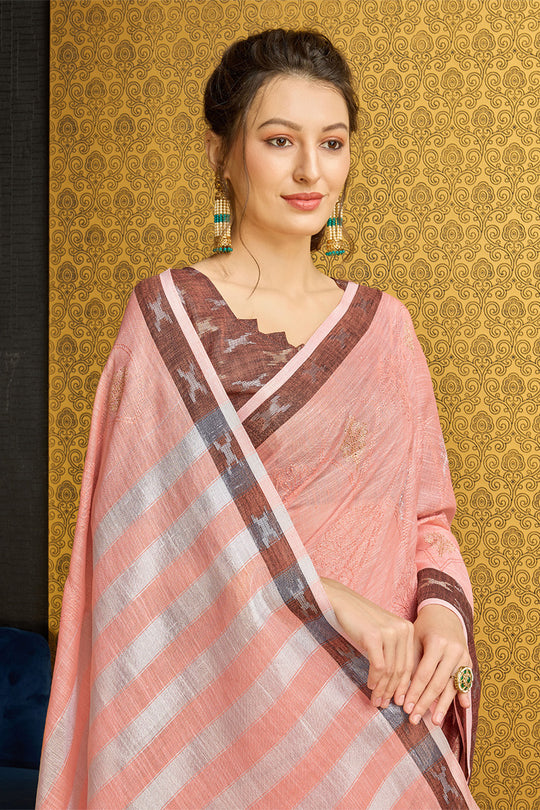 Peach Linen Blend Saree With Blouse Piece