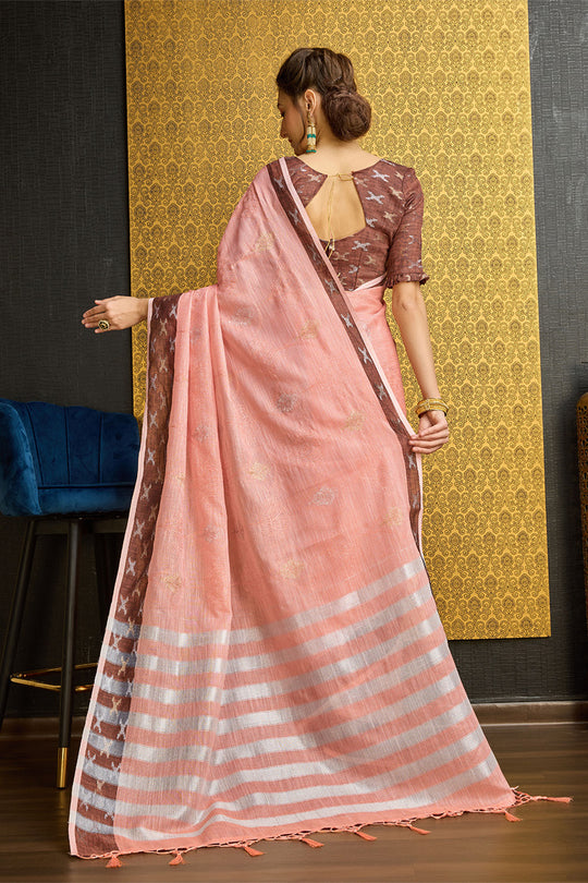 Peach Linen Blend Saree With Blouse Piece