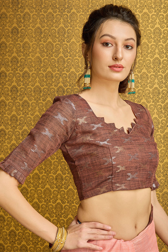 Peach Linen Blend Saree With Blouse Piece