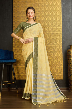 Yellow Linen Blend Saree With Blouse Piece