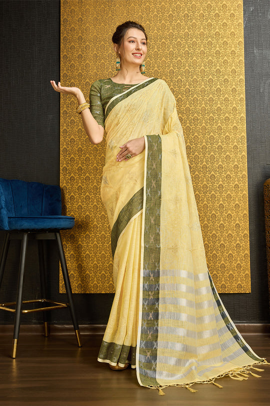 Yellow Linen Blend Saree With Blouse Piece