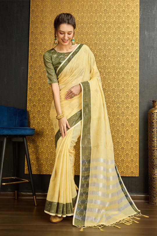 Yellow Linen Blend Saree With Blouse Piece