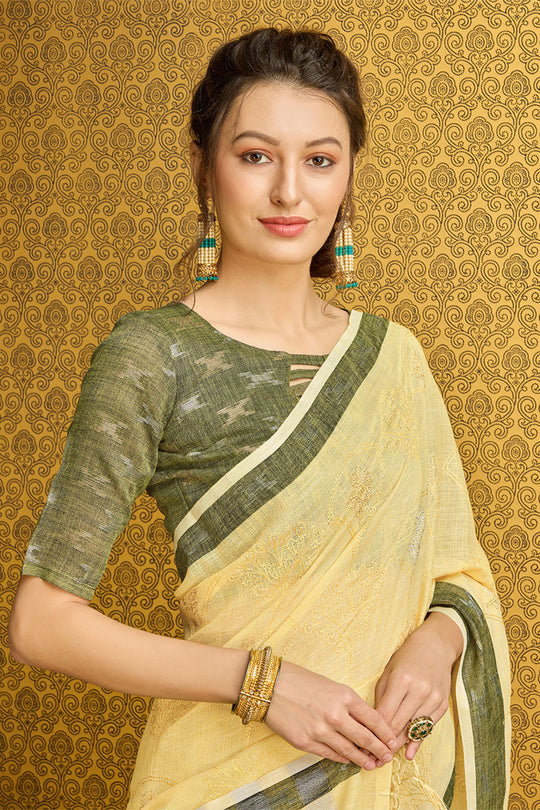 Yellow Linen Blend Saree With Blouse Piece