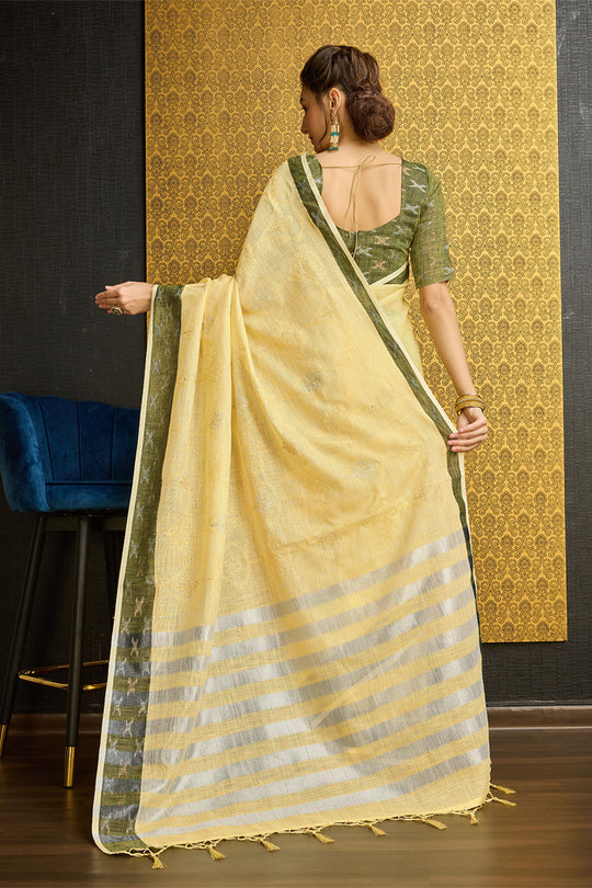 Yellow Linen Blend Saree With Blouse Piece