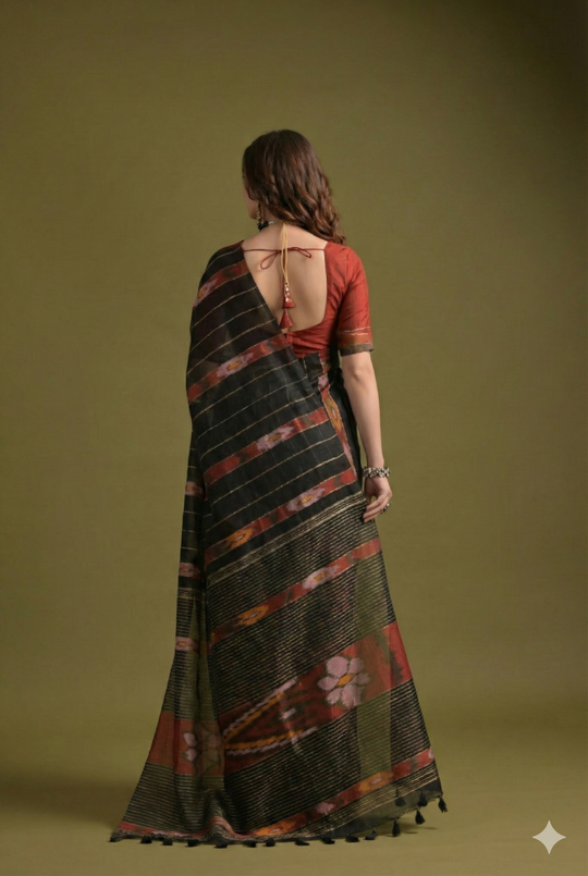 Black Premium Soft Ikkat Cotton Saree With Traditional Weaving Pattern On Pallu And All Over Weaving Pattern And Fancy Tassels With Running Blouse Piece