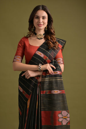 Black Premium Soft Ikkat Cotton Saree With Traditional Weaving Pattern On Pallu And All Over Weaving Pattern And Fancy Tassels With Running Blouse Piece