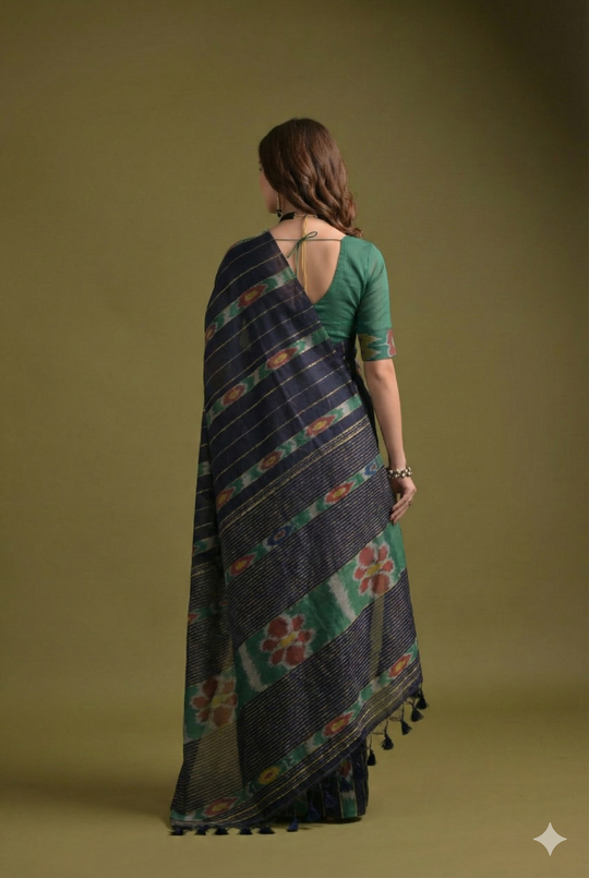 Blue Premium Soft Ikkat Cotton Saree With Traditional Weaving Pattern On Pallu And All Over Weaving Pattern And Fancy Tassels With Running Blouse Piece