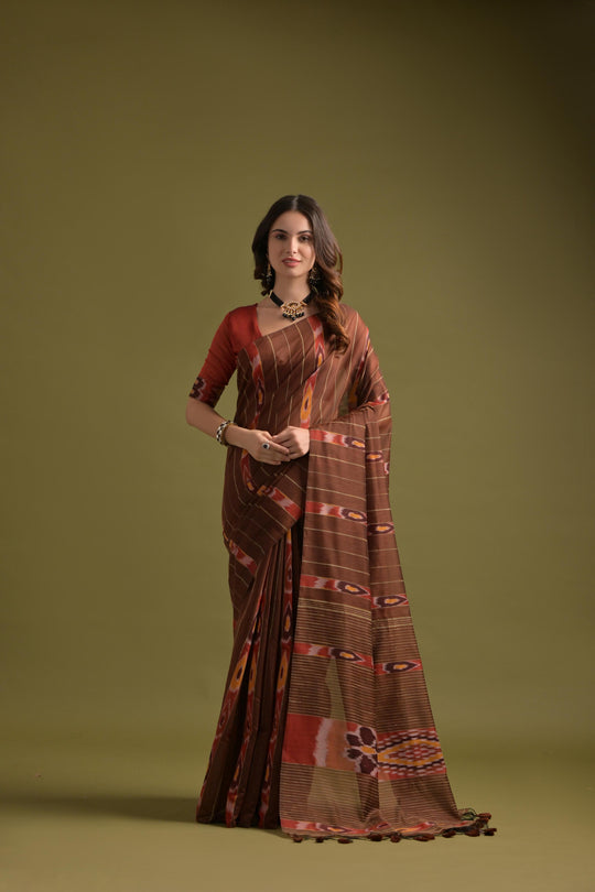 Bown Premium Soft Ikkat Cotton Saree With Traditional Weaving Pattern On Pallu And All Over Weaving Pattern And Fancy Tassels With Running Blouse Piece