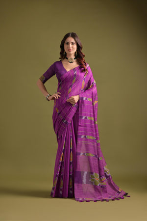 Magenta Premium Soft Ikkat Cotton Saree With Traditional Weaving Pattern On Pallu And All Over Weaving Pattern And Fancy Tassels With Running Blouse Piece