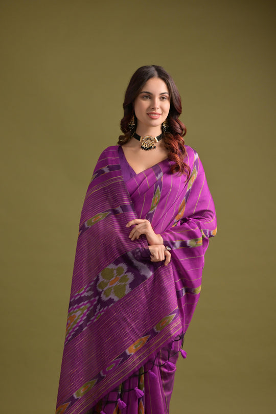 Magenta Premium Soft Ikkat Cotton Saree With Traditional Weaving Pattern On Pallu And All Over Weaving Pattern And Fancy Tassels With Running Blouse Piece