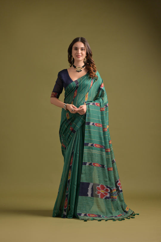 Green Premium Soft Ikkat Cotton Saree With Traditional Weaving Pattern On Pallu And All Over Weaving Pattern And Fancy Tassels With Running Blouse Piece