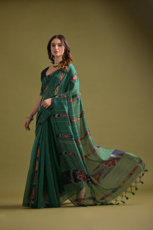 Green Premium Soft Ikkat Cotton Saree With Traditional Weaving Pattern On Pallu And All Over Weaving Pattern And Fancy Tassels With Running Blouse Piece