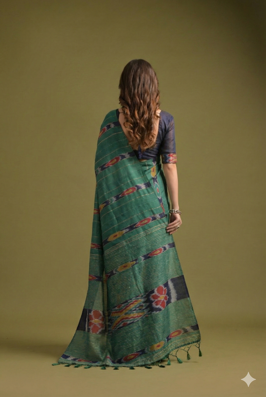Green Premium Soft Ikkat Cotton Saree With Traditional Weaving Pattern On Pallu And All Over Weaving Pattern And Fancy Tassels With Running Blouse Piece