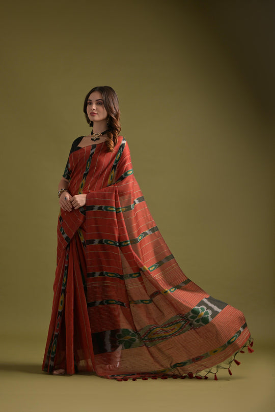 Red Premium Soft Ikkat Cotton Saree With Traditional Weaving Pattern On Pallu And All Over Weaving Pattern And Fancy Tassels With Running Blouse Piece