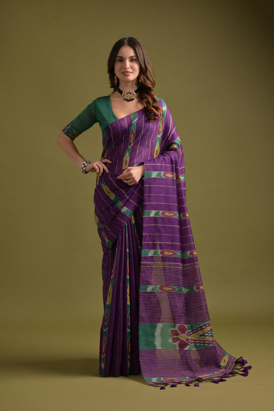 Purple Premium Soft Ikkat Cotton Saree With Traditional Weaving Pattern On Pallu And All Over Weaving Pattern And Fancy Tassels With Running Blouse Piece