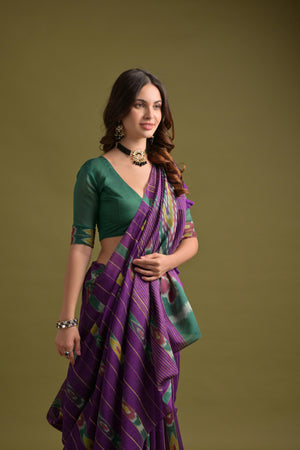 Purple Premium Soft Ikkat Cotton Saree With Traditional Weaving Pattern On Pallu And All Over Weaving Pattern And Fancy Tassels With Running Blouse Piece