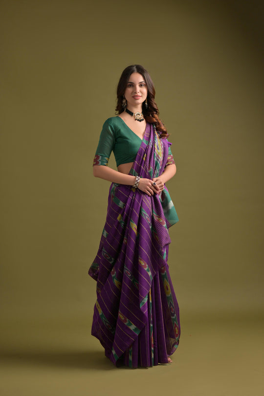 Purple Premium Soft Ikkat Cotton Saree With Traditional Weaving Pattern On Pallu And All Over Weaving Pattern And Fancy Tassels With Running Blouse Piece