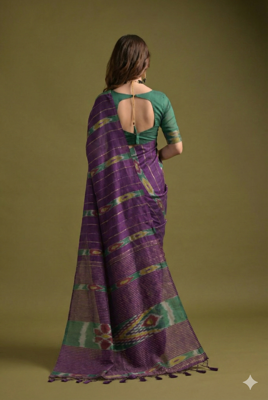 Purple Premium Soft Ikkat Cotton Saree With Traditional Weaving Pattern On Pallu And All Over Weaving Pattern And Fancy Tassels With Running Blouse Piece