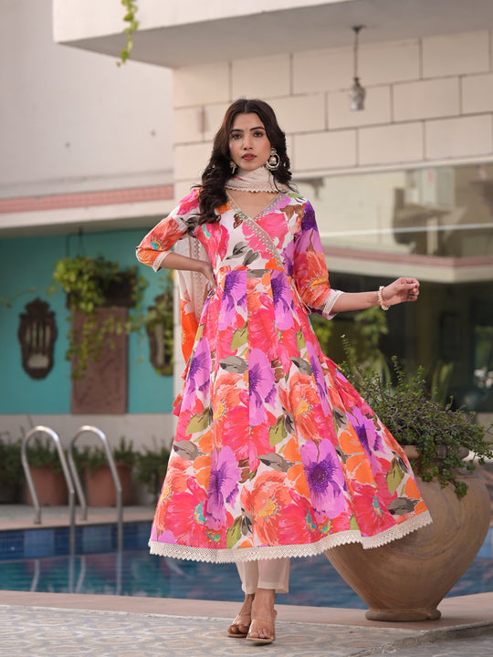 Floral Printed Angrakha Gotta Patti Pure Cotton A-Line Kurta with Trousers & Dupatta