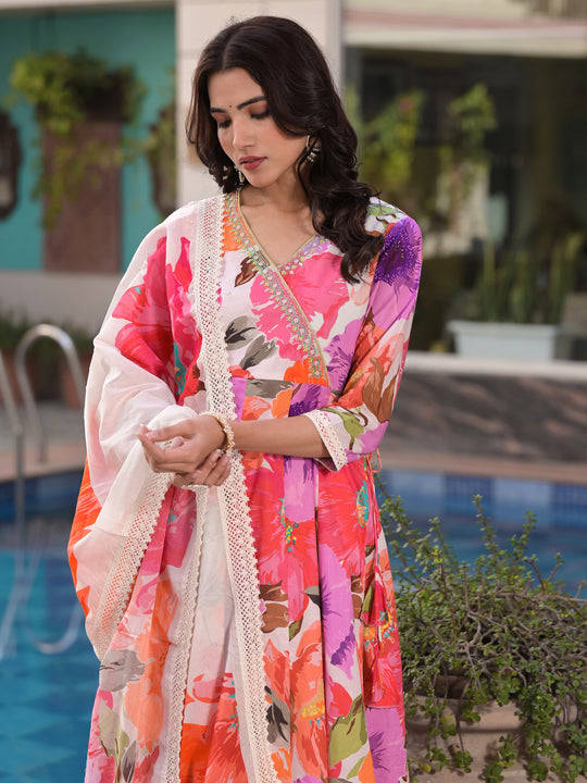 Floral Printed Angrakha Gotta Patti Pure Cotton A-Line Kurta with Trousers & Dupatta