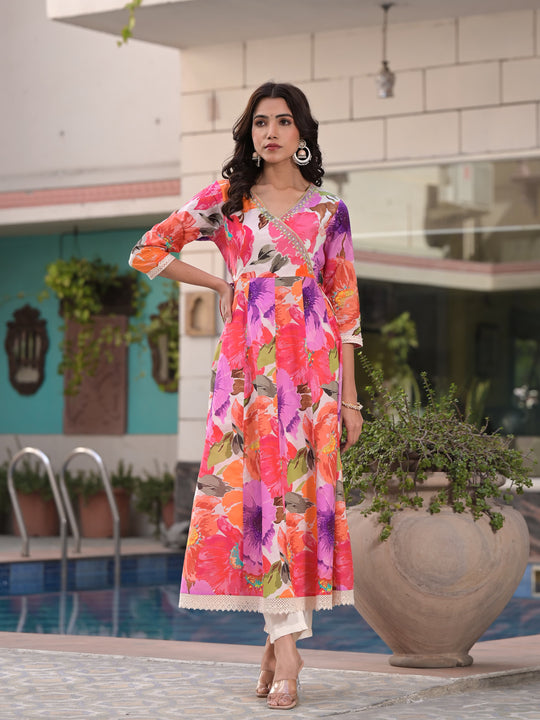 Floral Printed Angrakha Gotta Patti Pure Cotton A-Line Kurta with Trousers & Dupatta