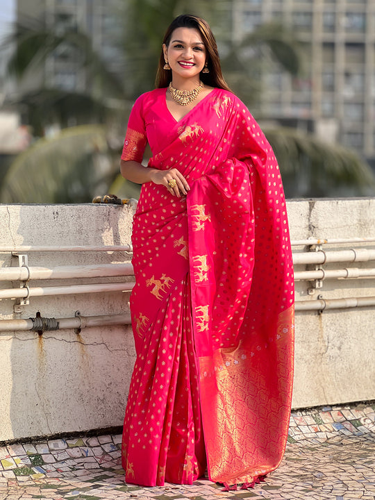 Pink Silk Blend Saree With Blouse Piece