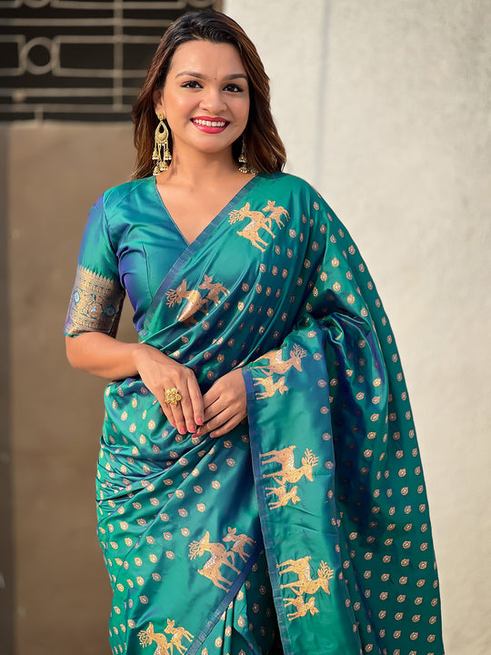 Bottle Green Silk Blend Saree With Blouse Piece