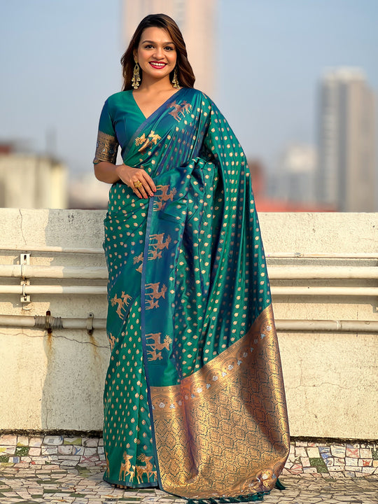 Bottle Green Silk Blend Saree With Blouse Piece
