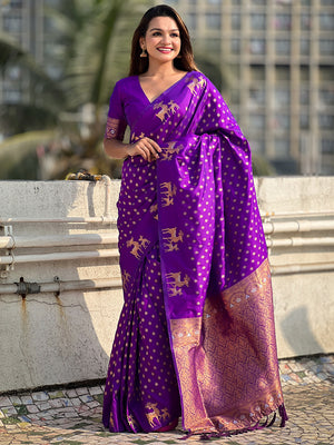 Violet Silk Blend Saree With Blouse Piece