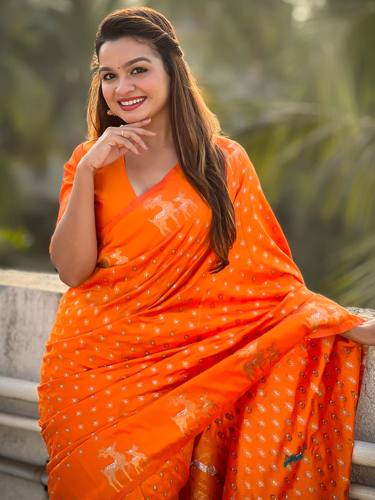 Orange Silk Blend Saree With Blouse Piece