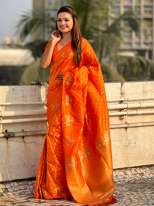 Orange Silk Blend Saree With Blouse Piece