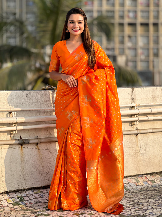 Orange Silk Blend Saree With Blouse Piece