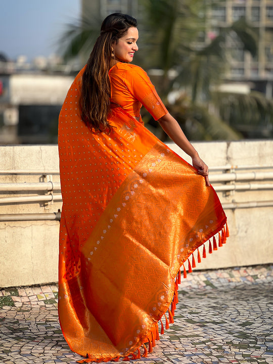 Orange Silk Blend Saree With Blouse Piece