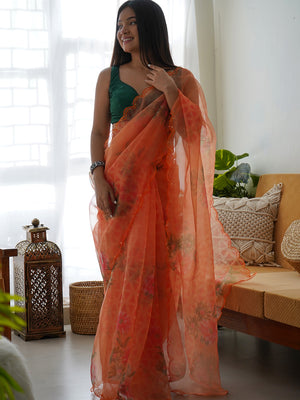 Orange Organza Saree With Blouse Piece
