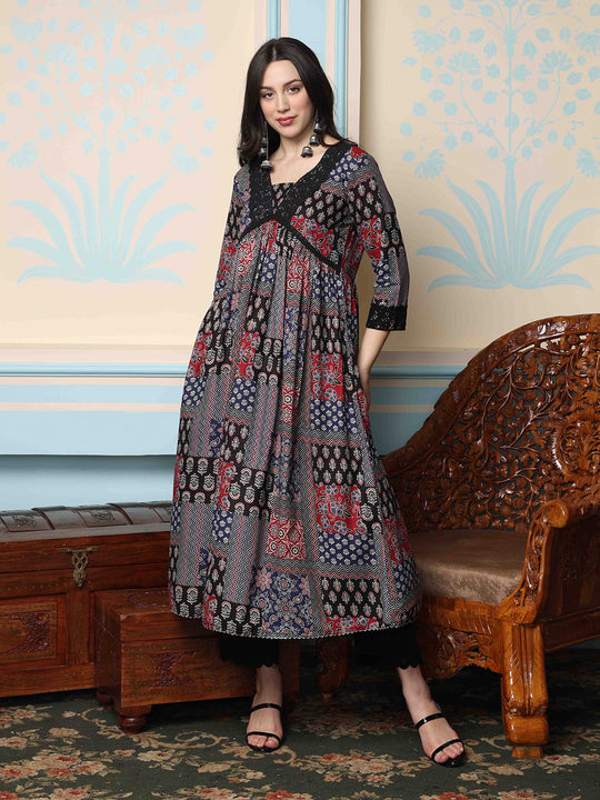 V-Neck Floral Printed Empire Pure Cotton A-Line Kurta with Trousers