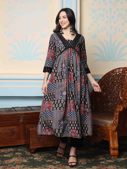 V-Neck Floral Printed Empire Pure Cotton A-Line Kurta with Trousers