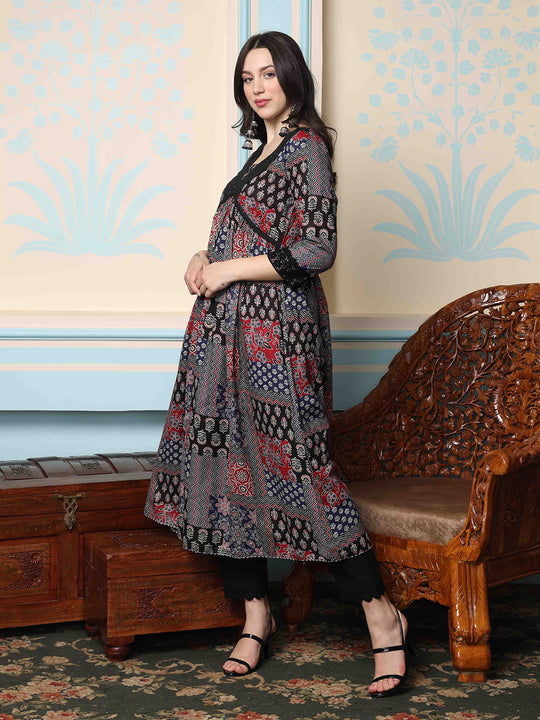 V-Neck Floral Printed Empire Pure Cotton A-Line Kurta with Trousers