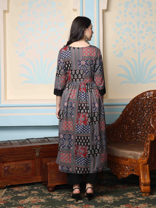 V-Neck Floral Printed Empire Pure Cotton A-Line Kurta with Trousers