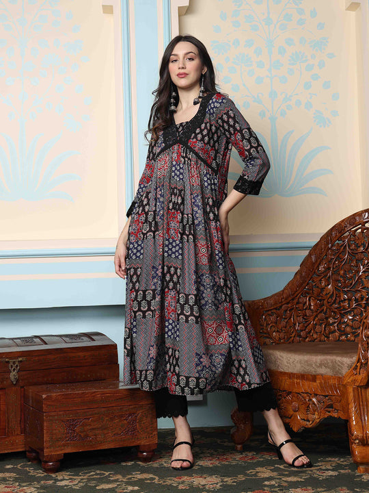 V-Neck Floral Printed Empire Pure Cotton A-Line Kurta with Trousers