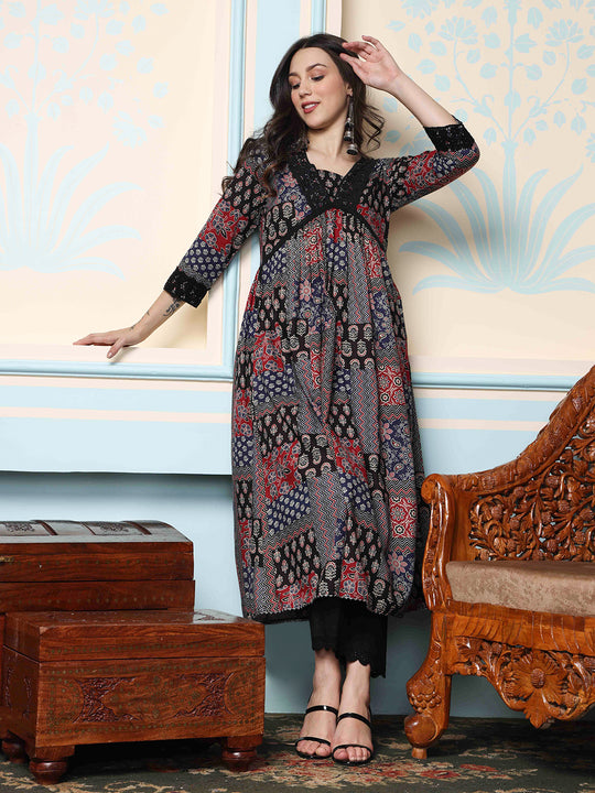 V-Neck Floral Printed Empire Pure Cotton A-Line Kurta with Trousers