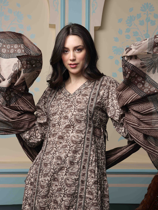 Kalamkari Printed Kurta with Trouser & Dupatta