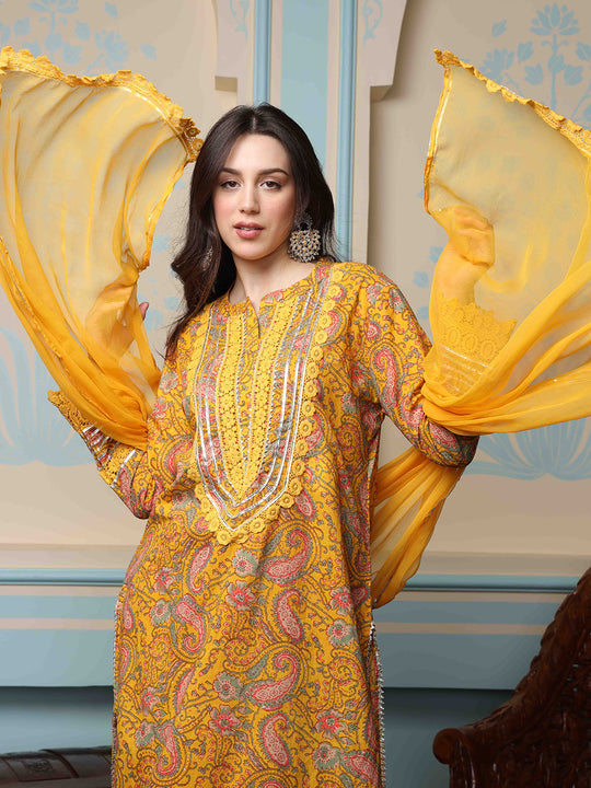 Women Floral Printed Regular Thread Work Kurta with Trousers & With Dupatta