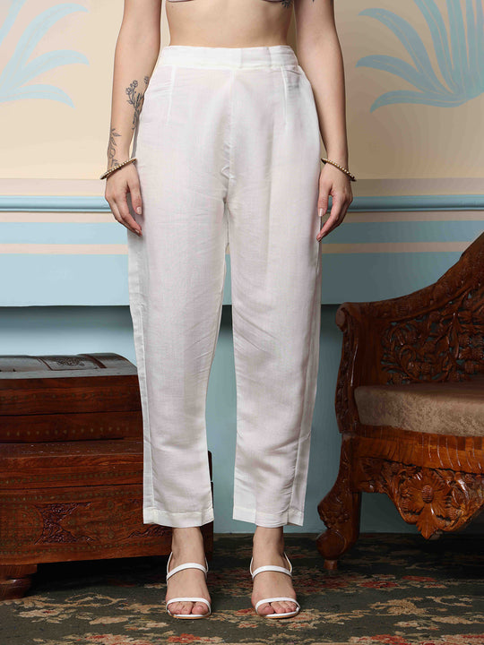 White Ethnic Motifs Yoke Design Zari Detailed Kurta With Trousers & Dupatta