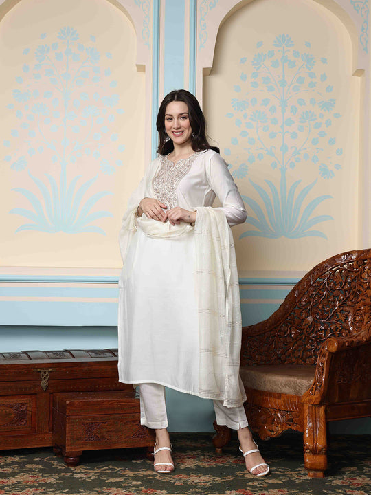 White Ethnic Motifs Yoke Design Zari Detailed Kurta With Trousers & Dupatta