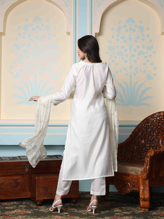 White Ethnic Motifs Yoke Design Zari Detailed Kurta With Trousers & Dupatta
