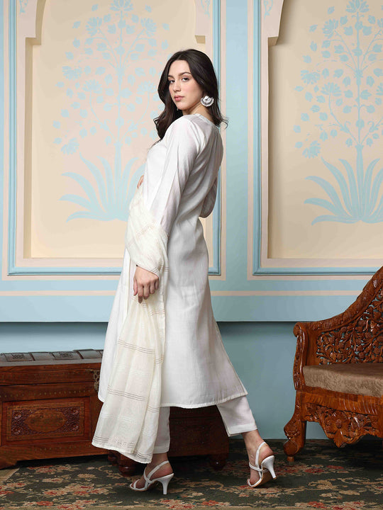 White Ethnic Motifs Yoke Design Zari Detailed Kurta With Trousers & Dupatta