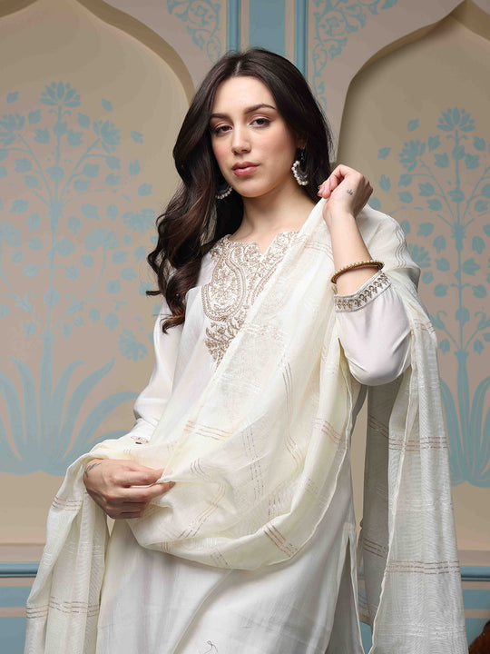 White Ethnic Motifs Yoke Design Zari Detailed Kurta With Trousers & Dupatta