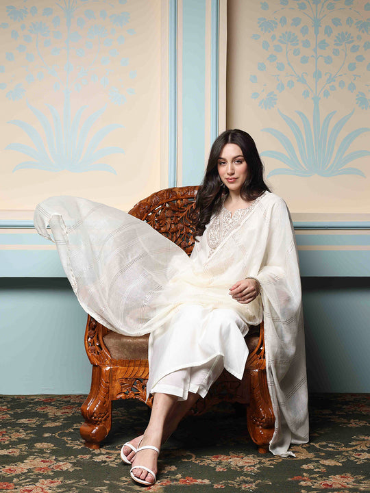 White Ethnic Motifs Yoke Design Zari Detailed Kurta With Trousers & Dupatta