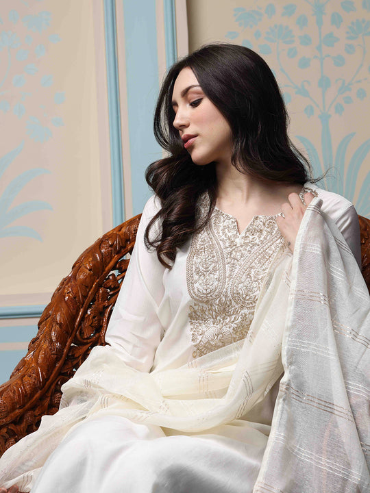 White Ethnic Motifs Yoke Design Zari Detailed Kurta With Trousers & Dupatta